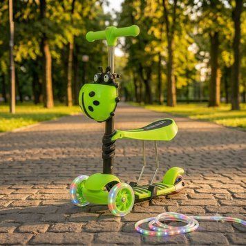 Дитячий самокат-біговел 5 в 1 iTrike JR 3-026-L-GR Салатовий, триколісний самокат толокар з батьківською ручкою, сидінням та світлячими колесами LED для дітей P-002 фото