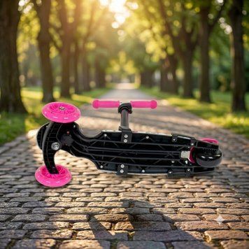 Дитячий триколісний самокат-біговел 5 в 1 Best Scooter 58420 з батьківською ручкою, сидінням та світними колесами, Рожевий Мультиколор P-003 фото